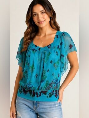 L8teR Brand Teal Printed Flutter Sleeve Blouse